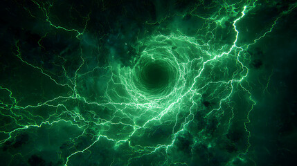 Swirling green vortex with electric lightning, creating a dynamic cosmic atmosphere