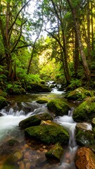 Tranquil forest stream, mossy rocks, sunlight filtering through trees