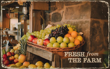 A rustic photo of a fruit basket in a traditional market setting.