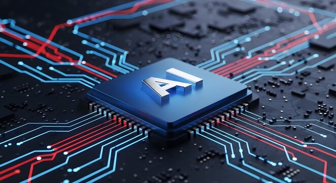 Closeup of a futuristic ai chip on a circuit board with glowing red and blue lines, representing artificial intelligence and technology