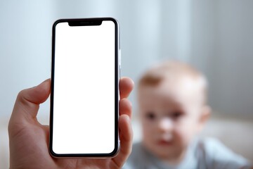 Parent holding smartphone with blank screen, baby in background