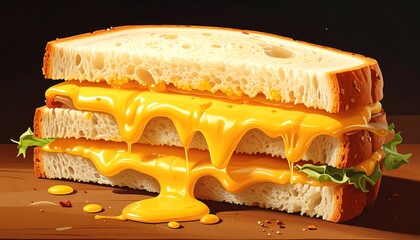 A detailed close-up view of a melted cheese sandwich, showcasing the rich golden hues and textures of the food, with drizzled melted cheese cascading down the layers of toasted bread.