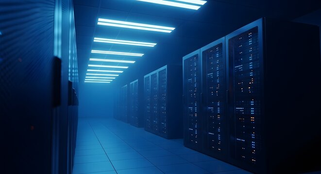A dimly lit server room with rows of tall computer racks, illuminated by blue led lights, creating a futuristic and technological atmosphere