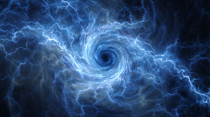 A swirling blue vortex with electric energy, set against a dark cosmic background