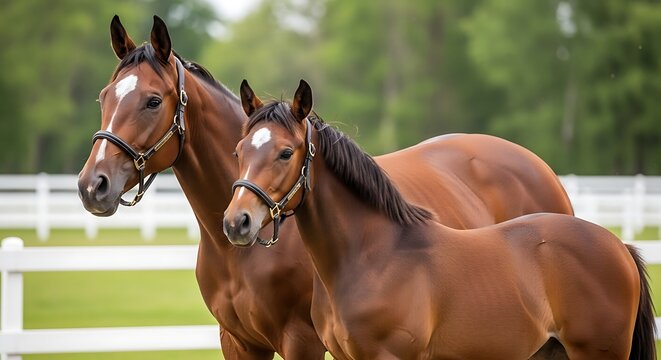 Brown Mare and Foal in Pasture.