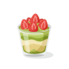 Parfait Matcha Cake with Strawberry Topping Cartoon Illustration 