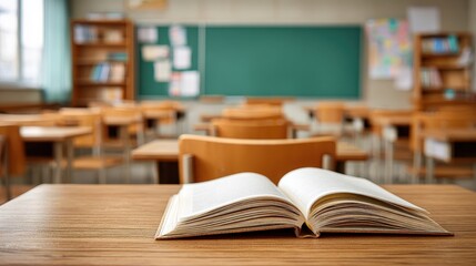 Empty Classroom with Open Book on Desk Invites Learning and New Academic Year