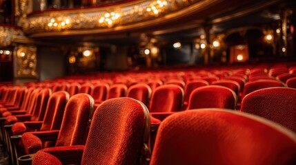 Empty Theater with Rows of Plush Red Seats and Ornate Gold Detailing on Balcony