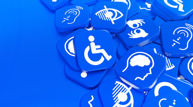 Symbols of Accessibility: An array of bright blue symbols representing various disabilities and access needs.