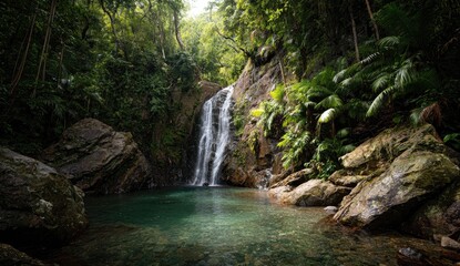 Lush waterfall cascading into a tranquil pool, surrounded by dense jungle