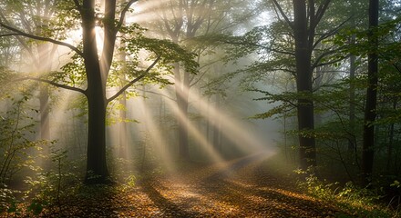 Obraz premium Vibrant Autumn Nature Sunbeams Filtering Through Misty Forest Canopy