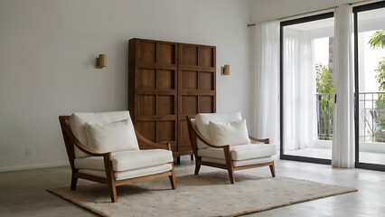 3D image Minimalist Living Room with Wooden Chairs, Geometric Cabinet, and Balcony Light for Interior Design, Décor, Photography, Architecture, Inspiration.