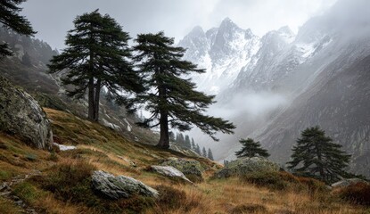 Alpine valley scene, misty mountains, dark pines, autumnal colors
