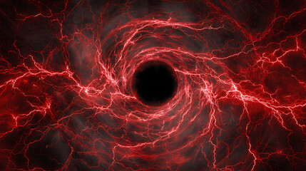 Abstract representation of a swirling vortex with red lightning effects against a dark backdrop