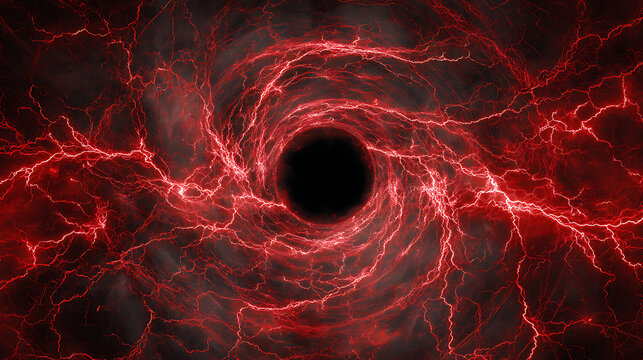 Abstract representation of a swirling vortex with red lightning effects against a dark backdrop