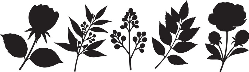 Naklejka premium Black silhouette floral elements collection set plant sprigs and flowers