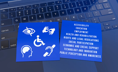 Accessibility Focus: A compelling image that visually communicates crucial aspects of accessibility, featuring a laptop and cards with icons and words related to the topic.
