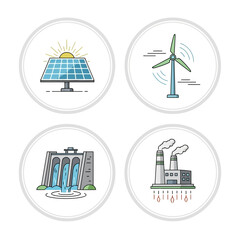 Set of renewable and non renewable energy icons silhouette isolated on white background