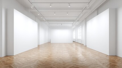 Bright Gallery Space with White Walls and Wooden Floor, Ideal for Art Exhibition and Display