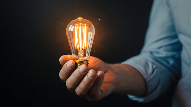Man holding a bright glass lightbulb symbolizes the concept of energy, creativity, and business innovation