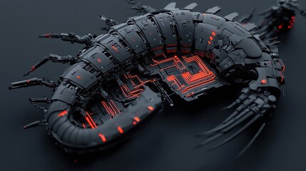 Futuristic scorpion-like machine with intricate, dark gray metal and glowing red circuitry