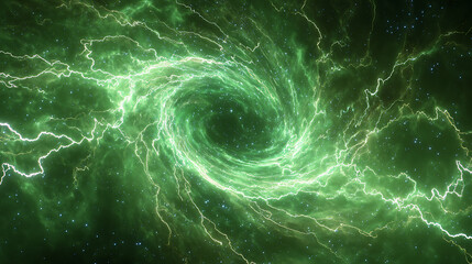 Swirling green vortex with electric energy, set against a starry cosmic background