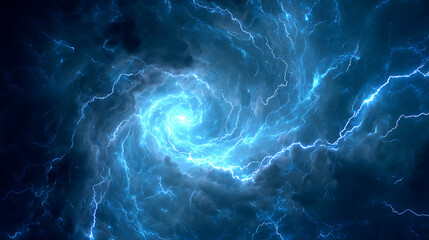 A swirling blue cosmic vortex with electric lightning effects in a dark space background