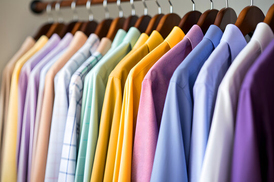 Stylish collection of neatly arranged dress shirts in various pastel colors hanging on a clothing rack in a modern boutique