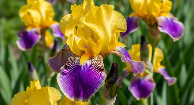 Close up of vibrant yellow and purple irises.