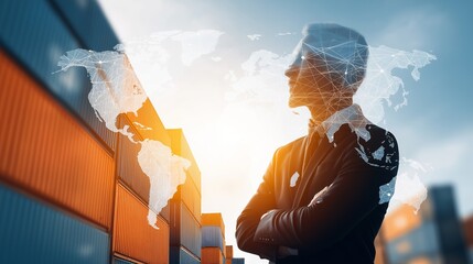 Global Logistics Visionary: A sharp portrait of a logistics professional, arms crossed with a world map overlay, overseeing the global cargo network.Generative ai illustration
