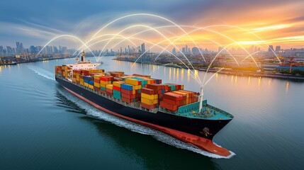 A colossal container ship sails gracefully on a tranquil waterway, charting a course through the shimmering expanse, symbolizing international trade, logistics.Generative ai illustration