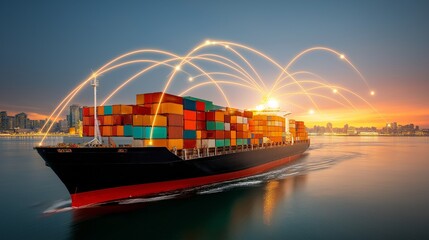  An impressive container ship navigates the open ocean, symbolizing global trade. Its cargo of vibrant shipping containers forms a network of illuminated routes.Generative ai illustration