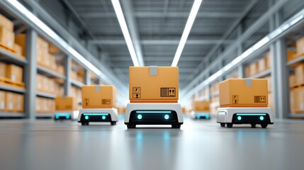 Autonomous robots navigate a vast warehouse, efficiently transporting packages, showcasing the innovation of modern logistics and supply chain technology. Generative ai illustration