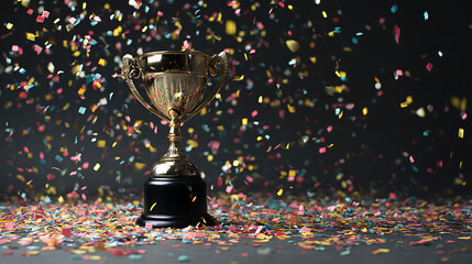Golden trophy surrounded by colorful confetti celebrating an achievement, with a dark background