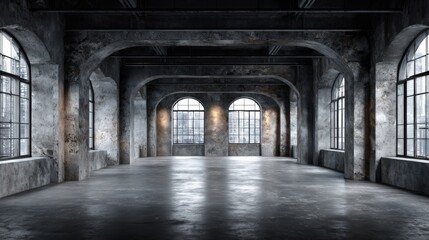 Obraz premium Dramatic Empty Industrial Interior with Arched Windows and Concrete Walls, Ideal for Film or Photography