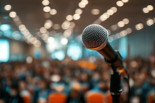 Captivating microphone shot, awaiting the speaker amidst blurred audience anticipation