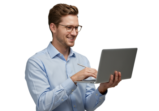 Smiling young caucasian man in blue shirt, glasses, holding sleek silver laptop with stylus, isolated on clean transparent background, modern business and technology concept - Powered by Adobe