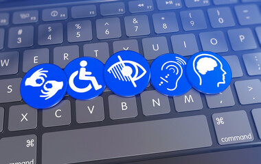 Accessibility Icons on Keyboard: A set of vibrant accessibility icons, symbolizing inclusivity and support for diverse needs, resting upon a modern keyboard, highlighting digital inclusion