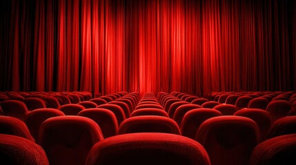 Fototapeta premium Dramatic Red Theater Interior with Curtains and Seating Rows for Performance Arts Venues