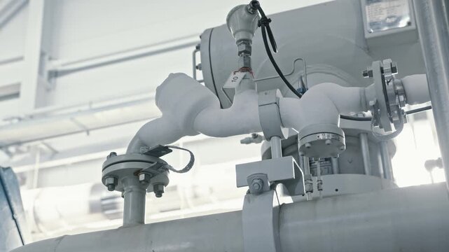 Close up of shiny clean pipe with elbow, branch and valve. Pipe flange joint