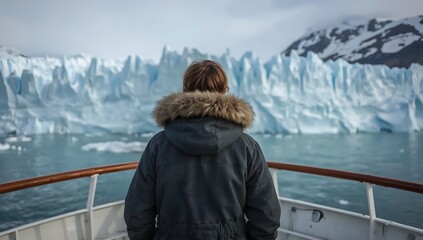 Person in fur hooded parka gazes at majestic glacier from boat deck