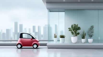 Red microcar parked outside modern glass storefront, cityscape view