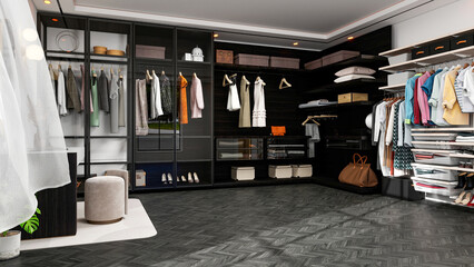 Modern Luxury Walk-In Closet Interior with Wardrobe and Dressing Table, 3D Rendering