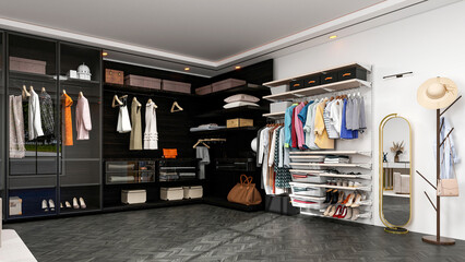 Modern Luxury Walk-In Closet Interior with Wardrobe and Dressing Table, 3D Rendering
