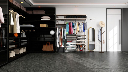 Modern Luxury Walk-In Closet Interior with Wardrobe and Dressing Table, 3D Rendering