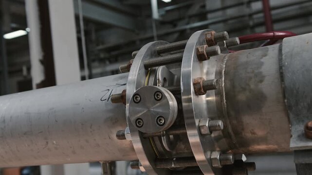 Close up of shiny clean pipe with elbow, branch and valve. Pipe flange joint