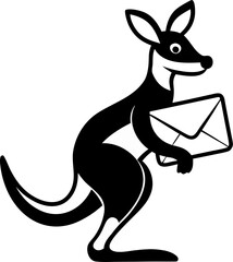 Kangaroo delivering letters from its pouch. vector black and white icon , white background 