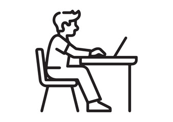 Man in chair at table with laptop line art vector