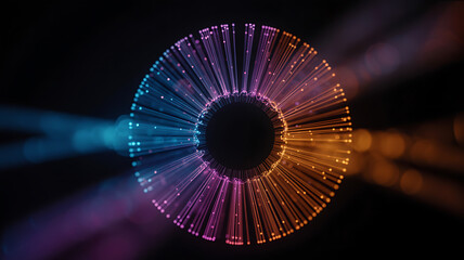 Futuristic digital illustration of a glowing blue fan turbine creating a light pattern in the dark black space