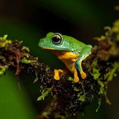Obraz premium Close-up of a vibrant green and yellow frog on a mossy branch